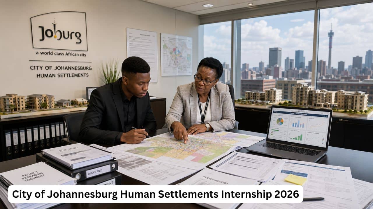 City of Johannesburg Human Settlements Internship 2026 participant reviewing public housing and Built Environment project documents.