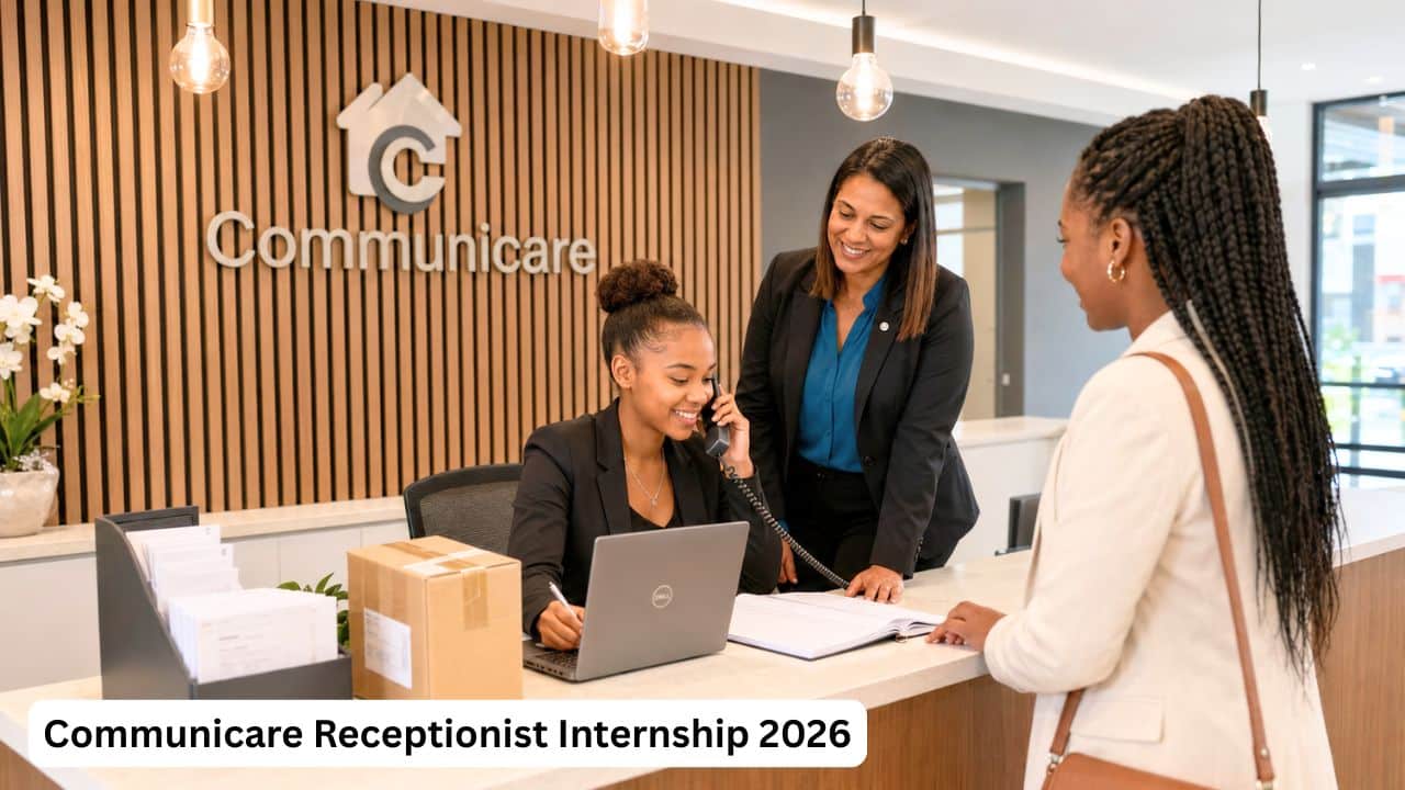 South African Communicare receptionist intern assisting a tenant at the front desk