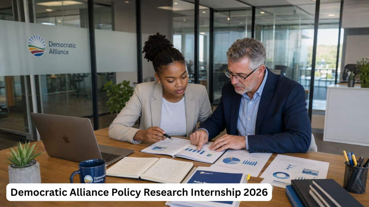 South African policy research intern reviewing reports in a Democratic Alliance office