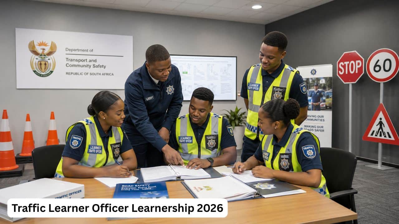 Young South African Traffic Learner Officer candidates receiving training guidance in a professional traffic college setting.