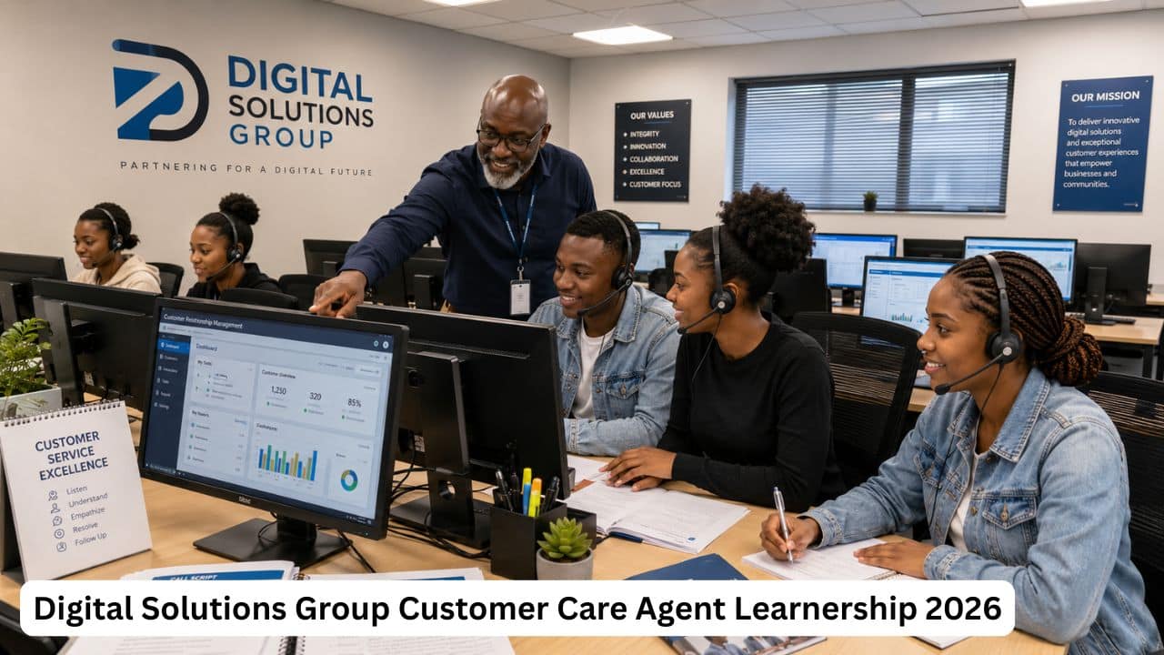 Young South African customer care learnership candidates training with headsets and computers in a call centre environment