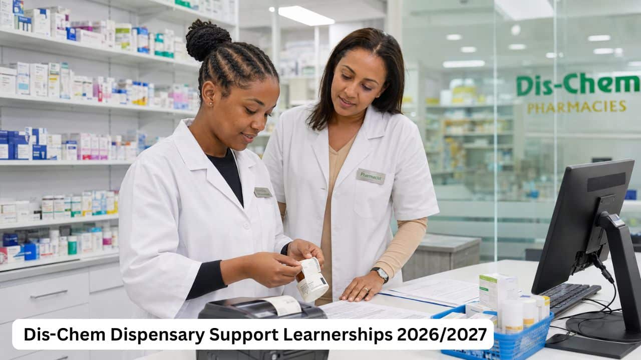 South African Dispensary Support learner receiving supervised pharmacy training at Dis-Chem Pharmacies