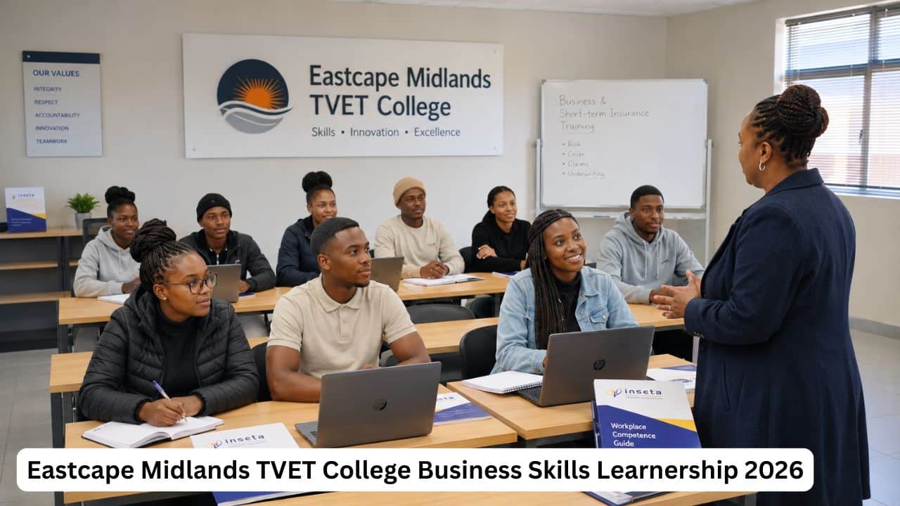 Young South African learners attending a business skills training session at a TVET college classroom.