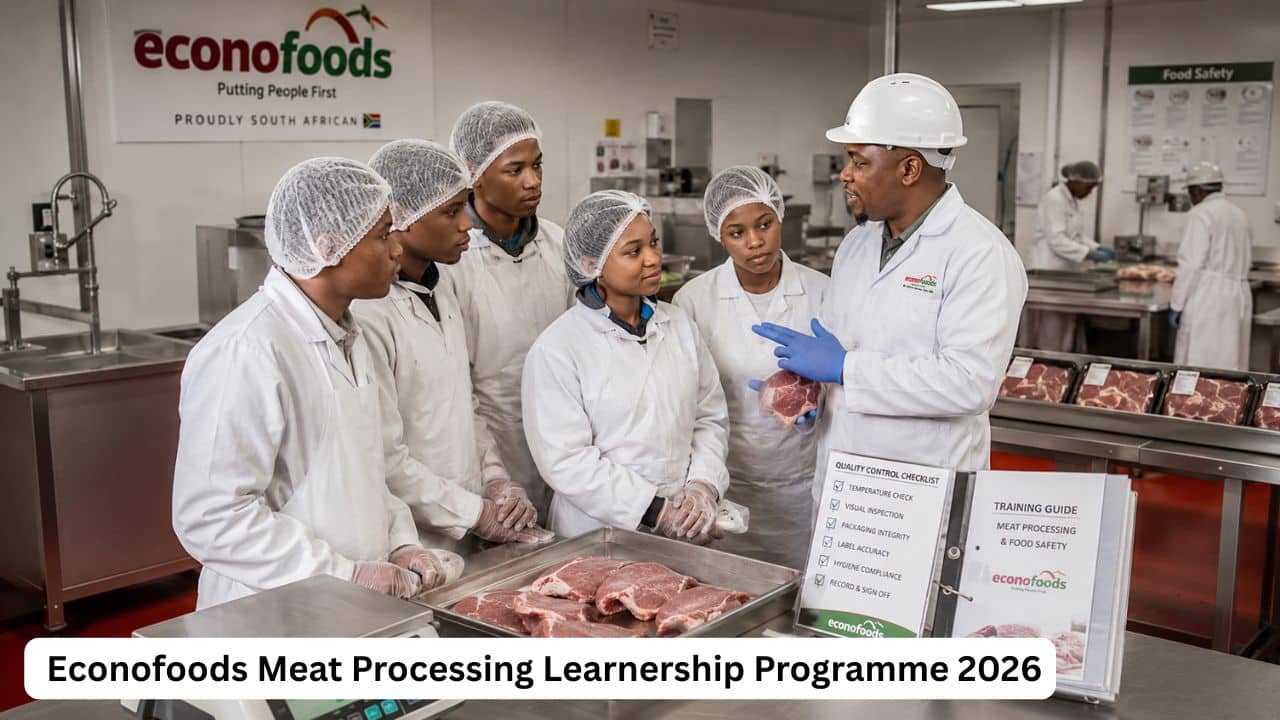 Young South African learners receiving meat processing and production training during the Econofoods Learnership Programme 2026.