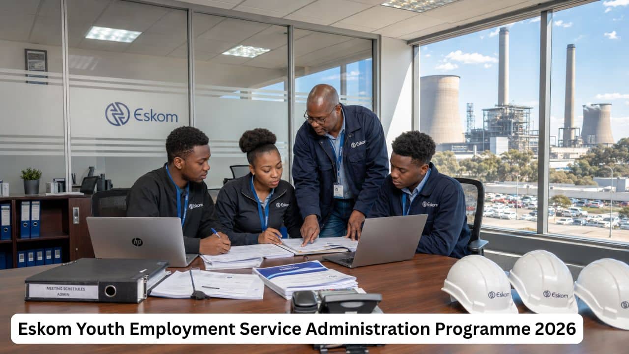 Young South African YES participants receiving administration training inside an Eskom power station office