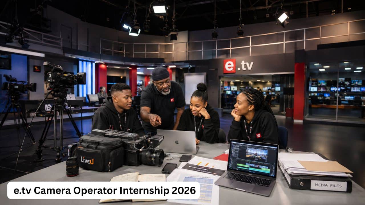 Young South African camera operator interns receiving broadcast production training in a professional e.tv newsroom studio