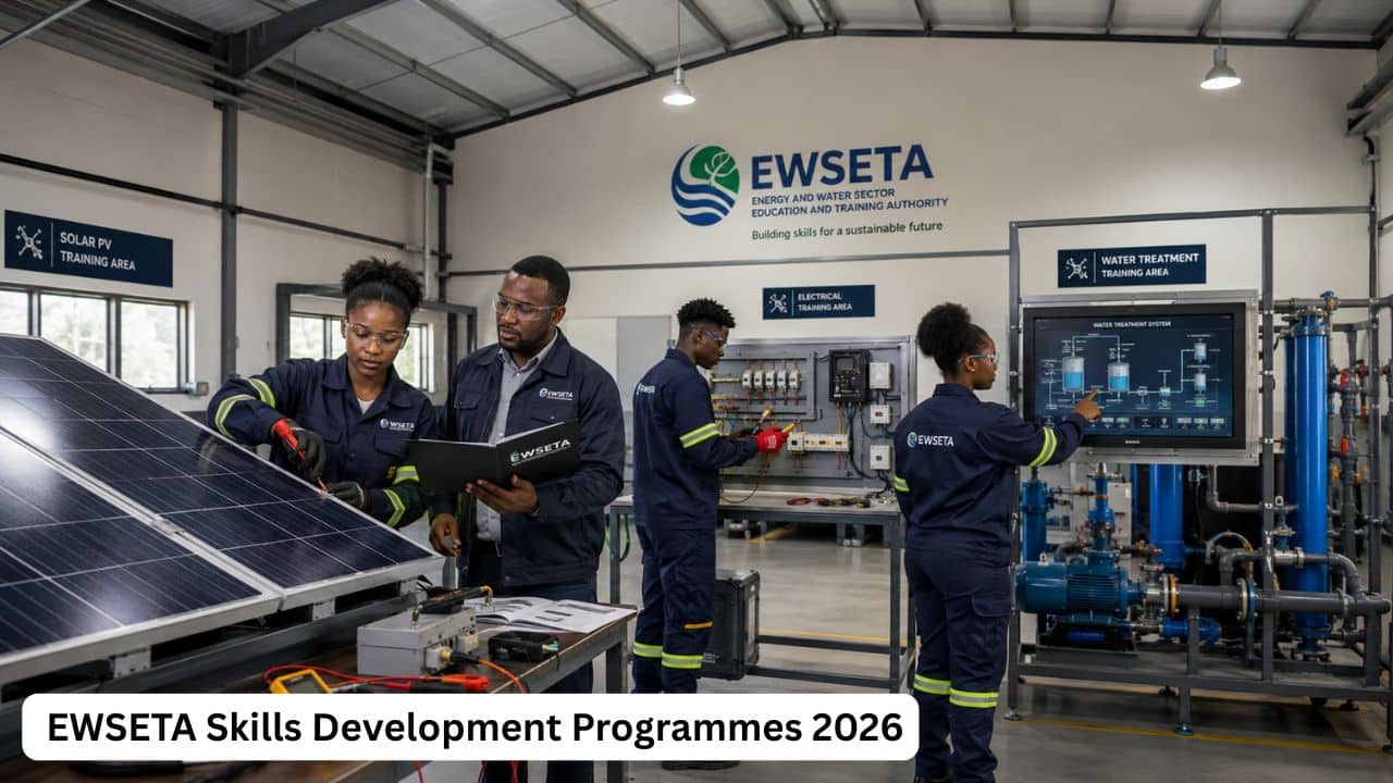 Young South African learners completing EWSETA renewable energy, electrical and water-treatment training in 2026.
