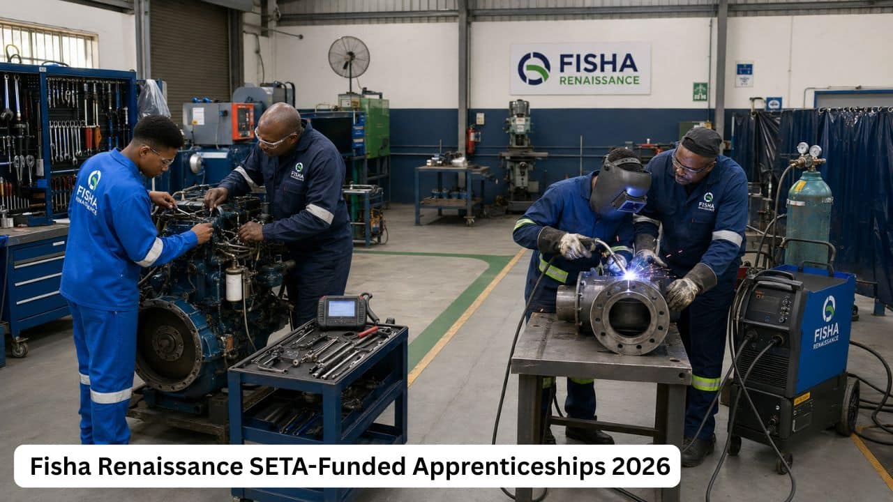 Young South African Diesel Mechanic and Boilermaker apprentices receiving practical workshop training through Fisha Renaissance
