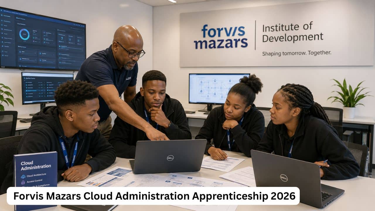 Young South African cloud administration apprentices learning cloud computing skills in a professional technology training office