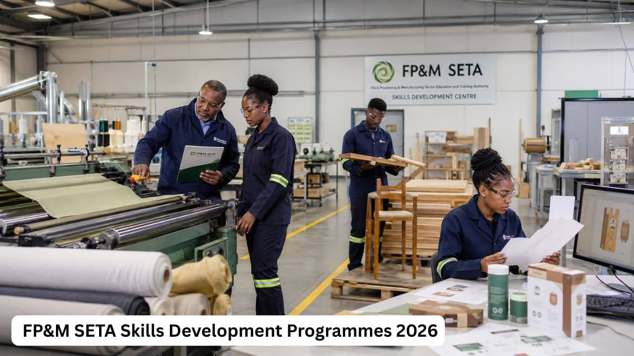 Young South African learners completing FP&M SETA textile, furniture and packaging manufacturing training in 2026.