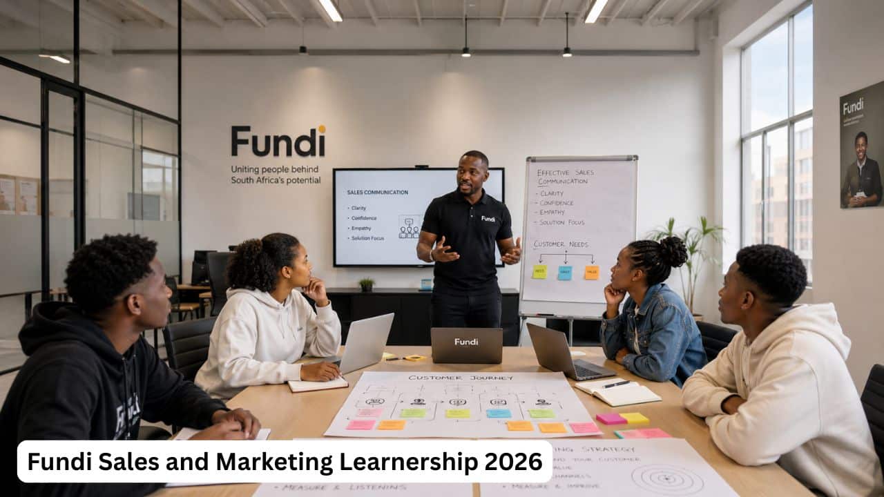 Young South African learners attending Fundi Sales and Marketing Learnership training in a professional office environment.