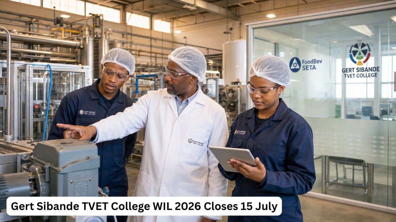 Young Gert Sibande TVET College graduates completing FoodBev SETA work-integrated learning at a manufacturing facility.