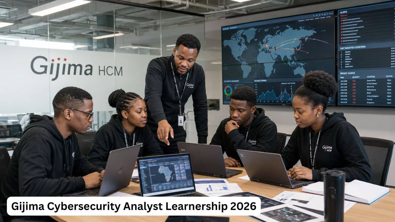Young South African learners reviewing threat-detection dashboards during the Gijima Cybersecurity Analyst Learnership