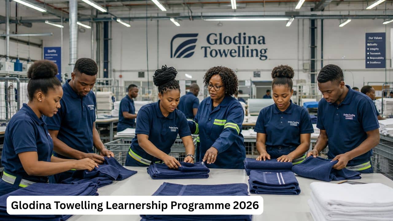 Young South African learners receiving textile manufacturing training at a towel production facility.