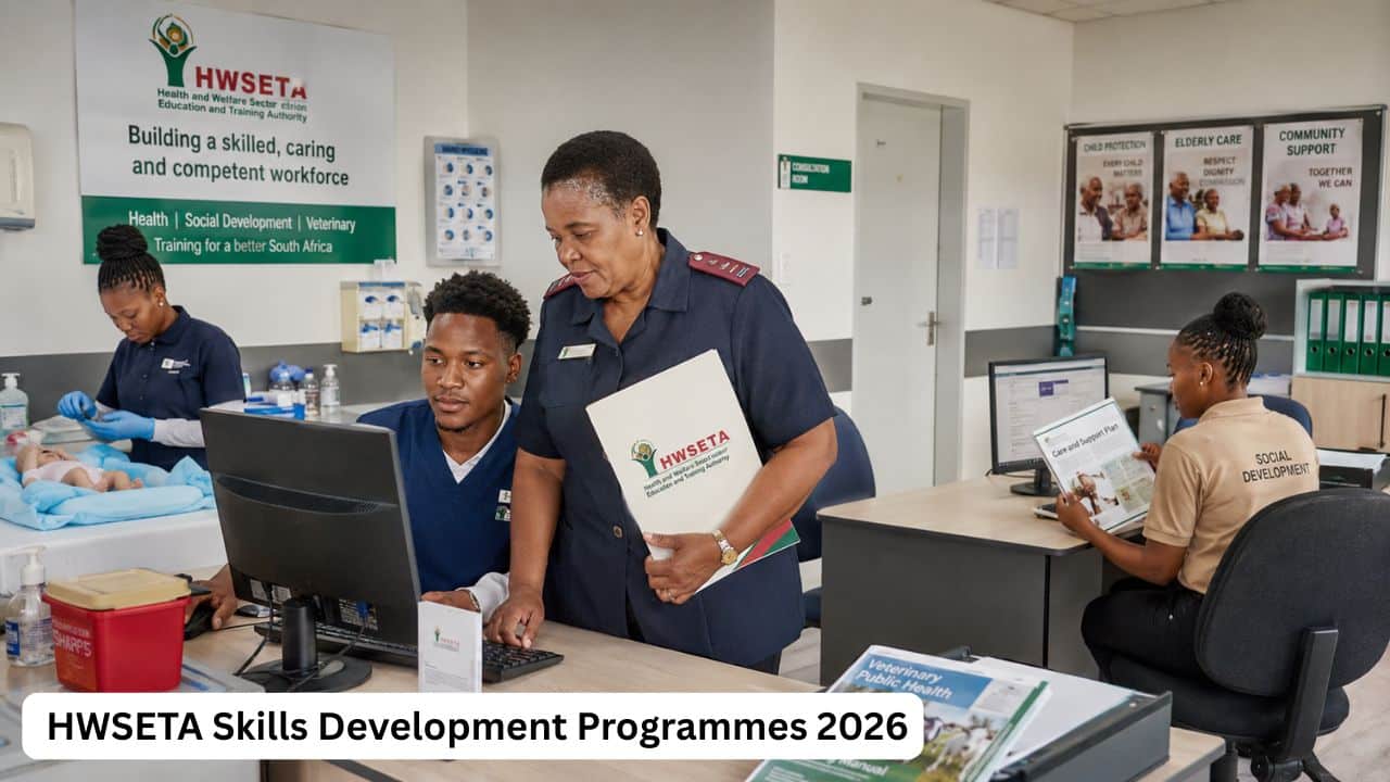 Young South African learners completing HWSETA health and social development workplace training in 2026.