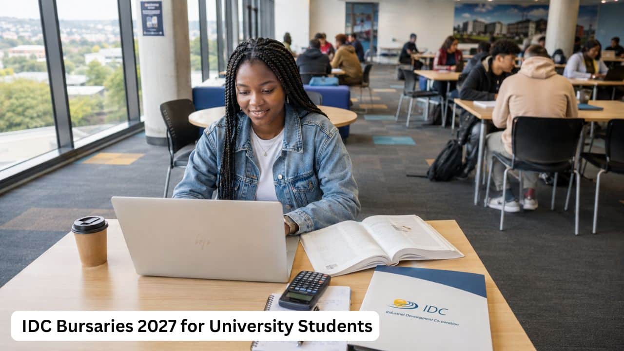 South African university student using a laptop while preparing an IDC Bursaries 2027 application