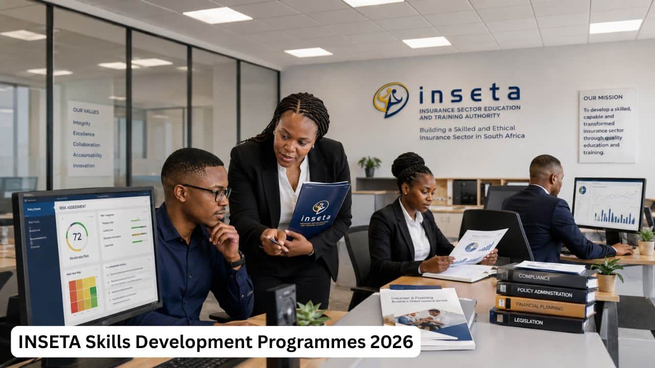 Young South African learners completing INSETA insurance and financial services workplace training in 2026.