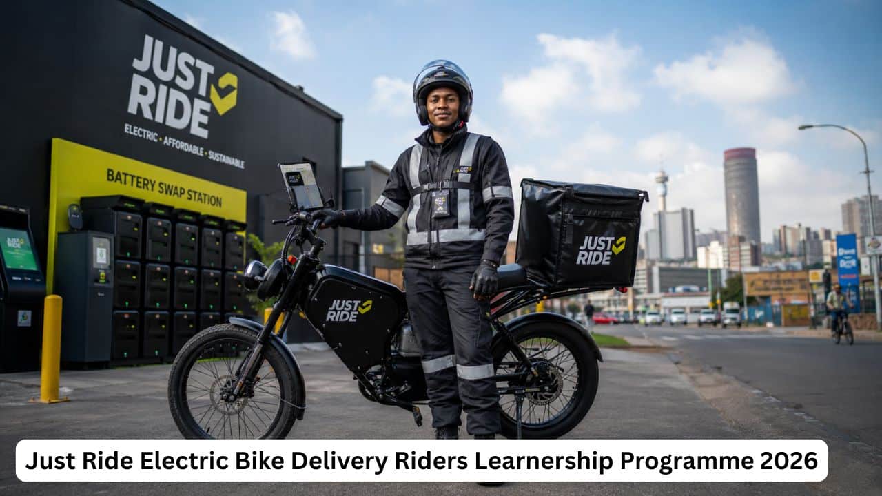 Young South African electric bike delivery rider preparing for deliveries through the Just Ride programme.