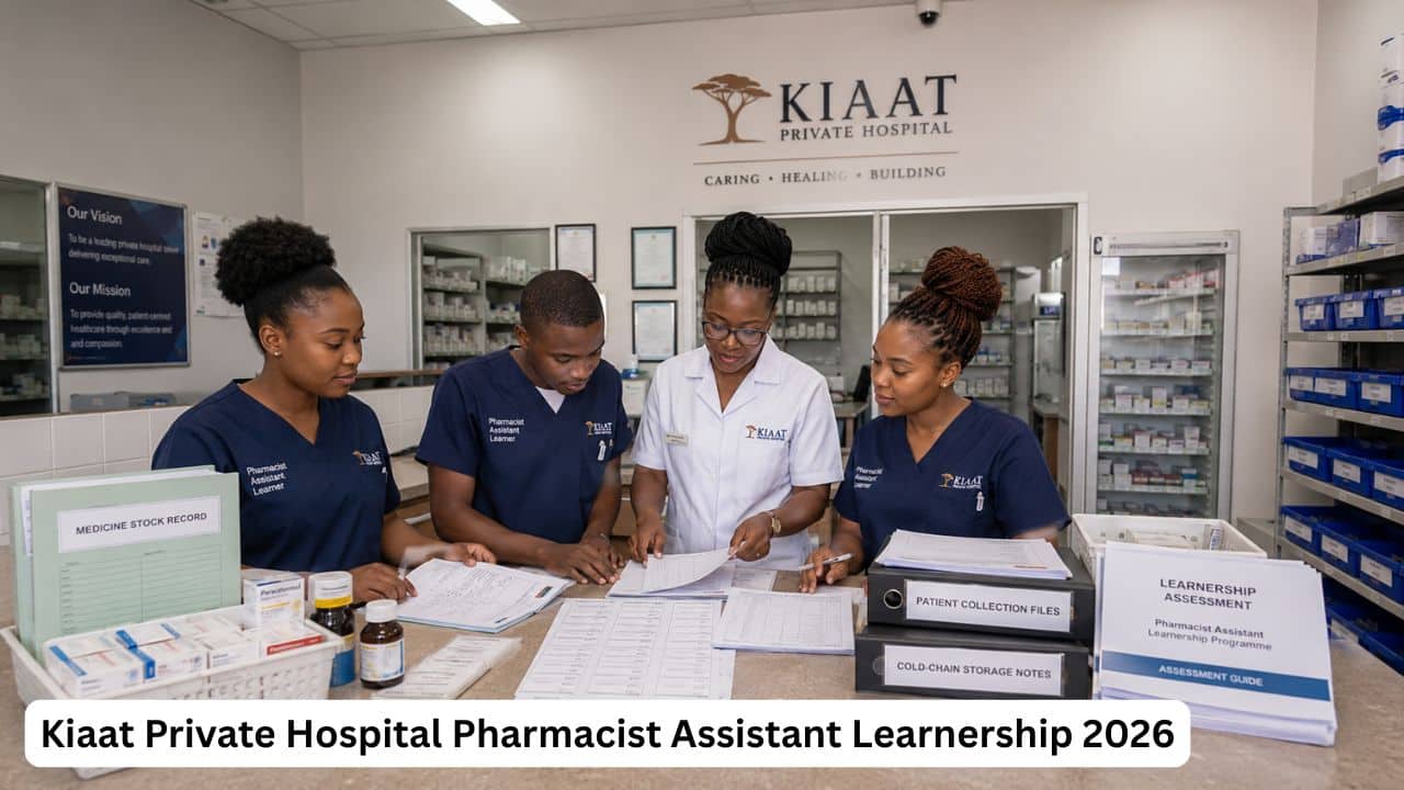 Young South African pharmacist assistant learners receiving supervised pharmacy training at Kiaat Private Hospital