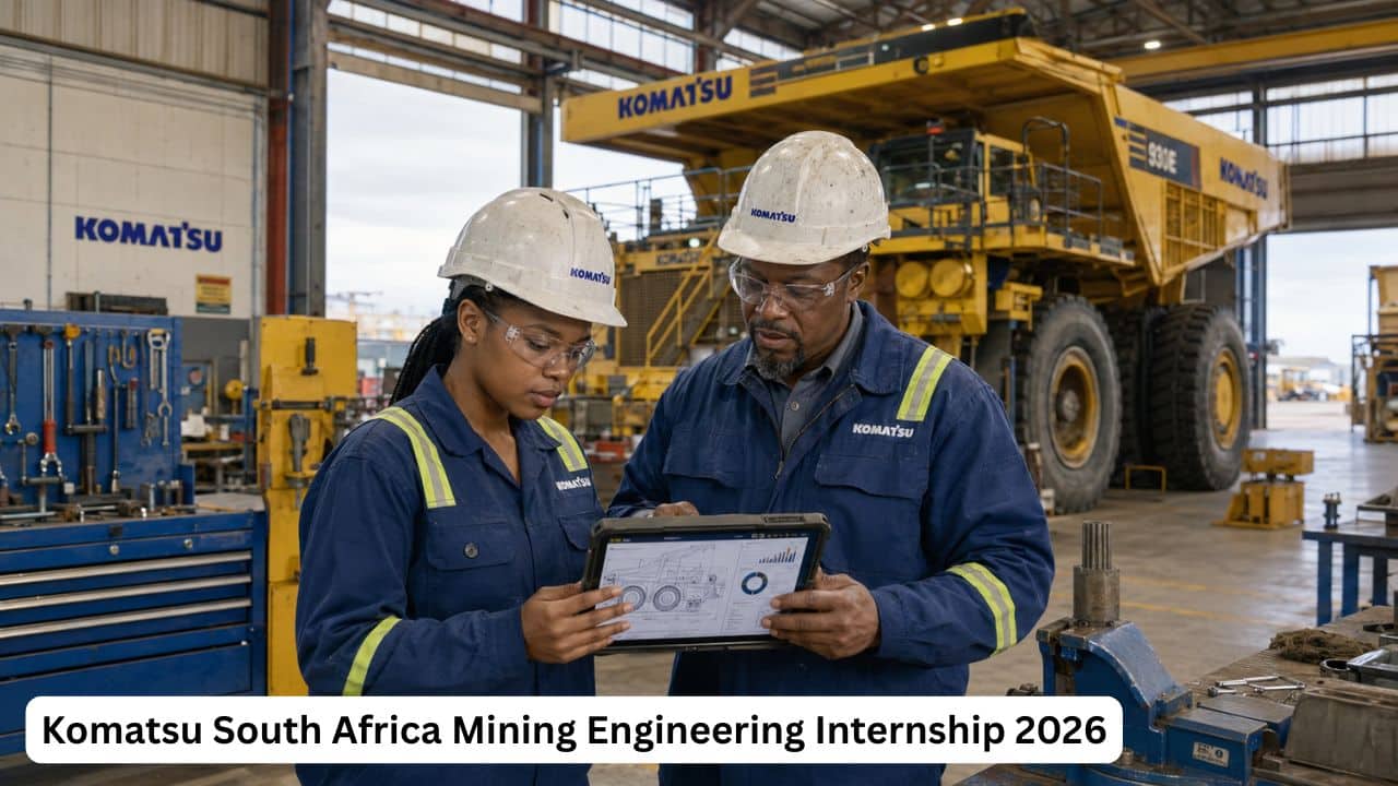 Young South African Komatsu Mining Engineering intern reviewing heavy-equipment plans with an experienced engineer