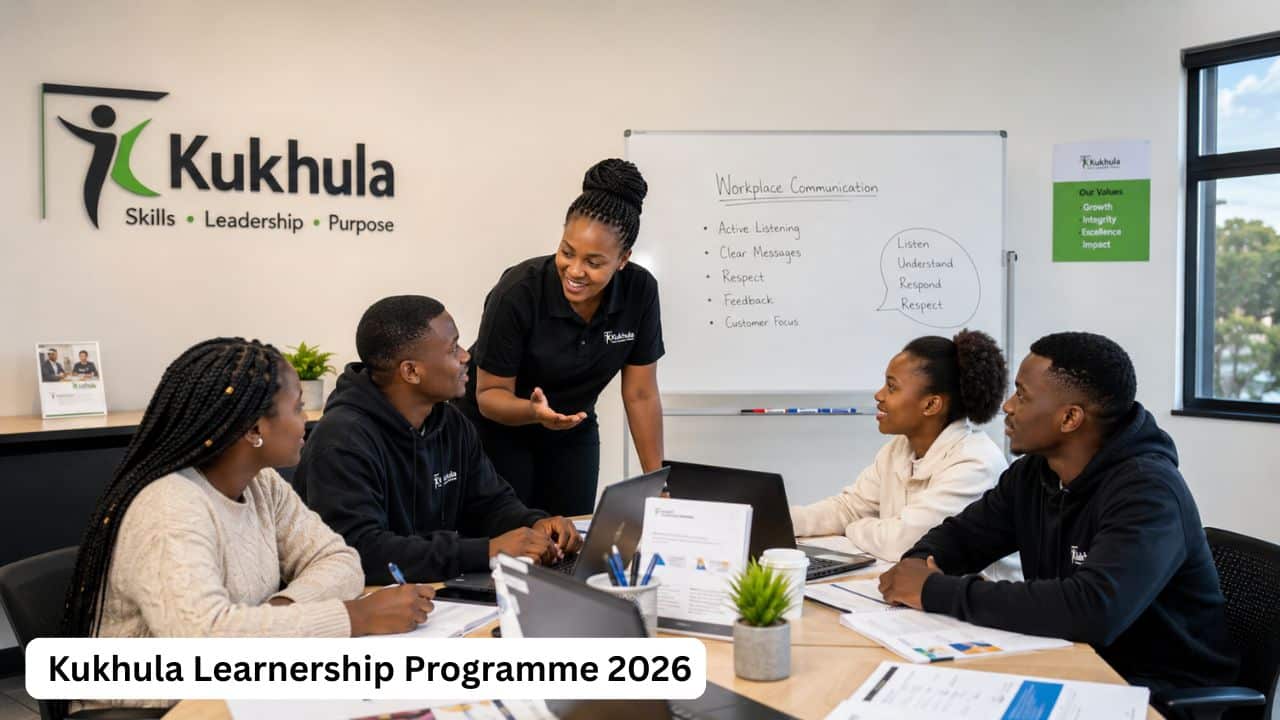 Young South African learners attending the Kukhula Learnership Programme in a professional skills development training room.