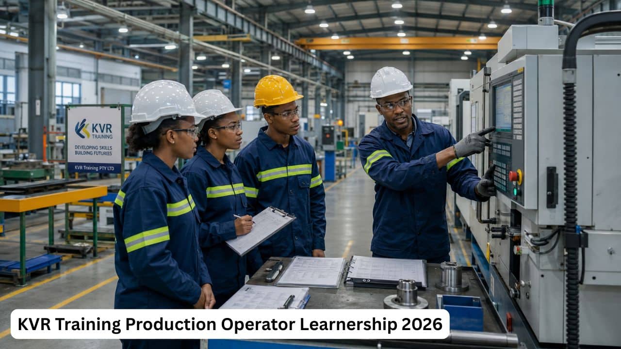 Young South African learners completing practical production operator training inside a modern manufacturing facility.