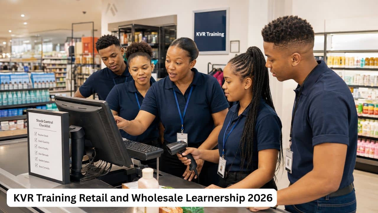 Young South African learners receiving point-of-sale and stock-control training through the KVR Training retail learnership.