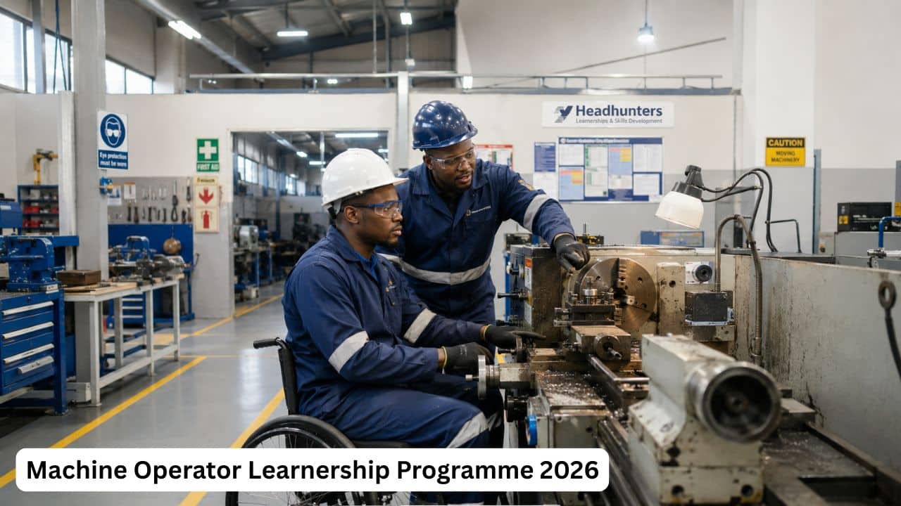 Young South African learner gaining supervised machine operation training in a manufacturing environment