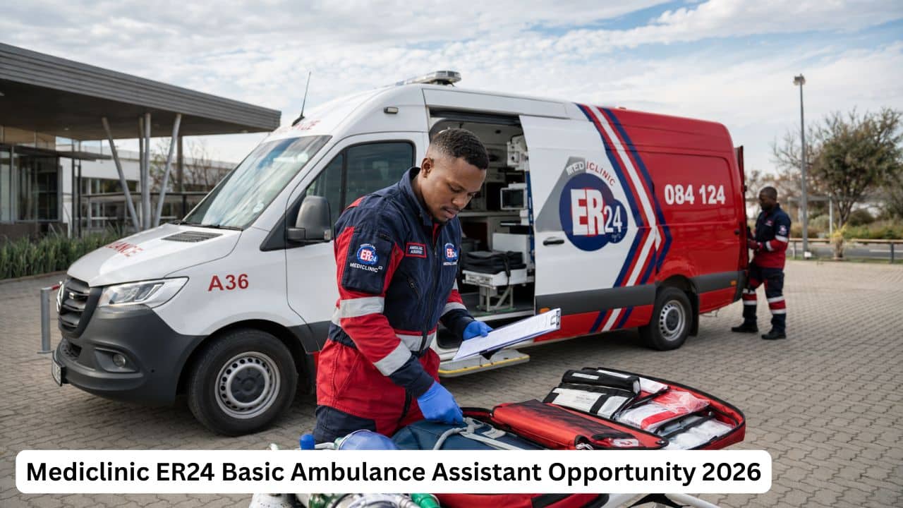 Qualified South African ER24 Basic Ambulance Assistant preparing emergency medical equipment