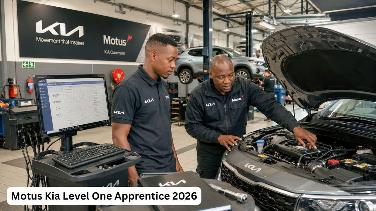Young South African apprentice receiving automotive training from an experienced Motus Kia technician.