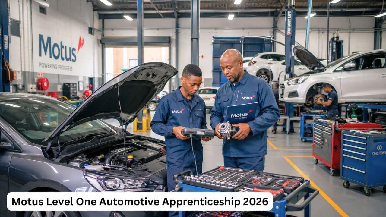 Young South African apprentice receiving practical automotive training from a Motus technician.