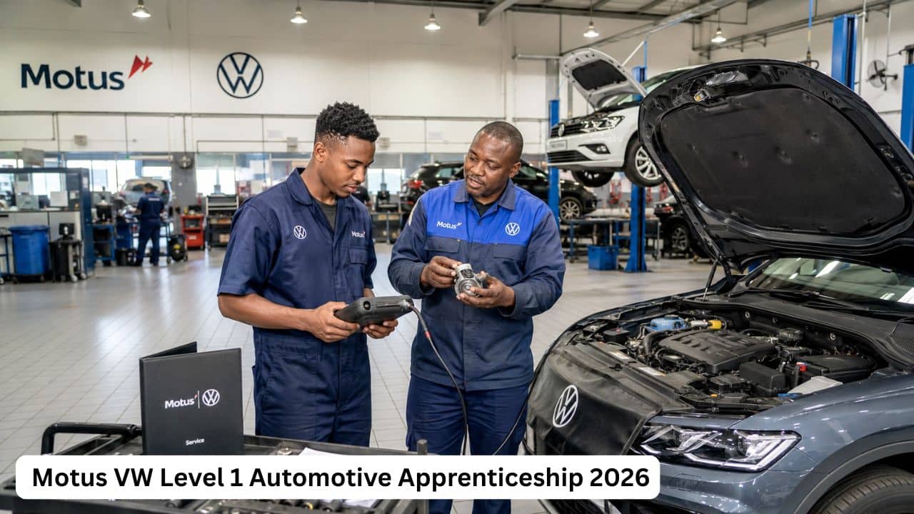Young South African Motus VW apprentice receiving vehicle diagnostic training from an experienced automotive technician.