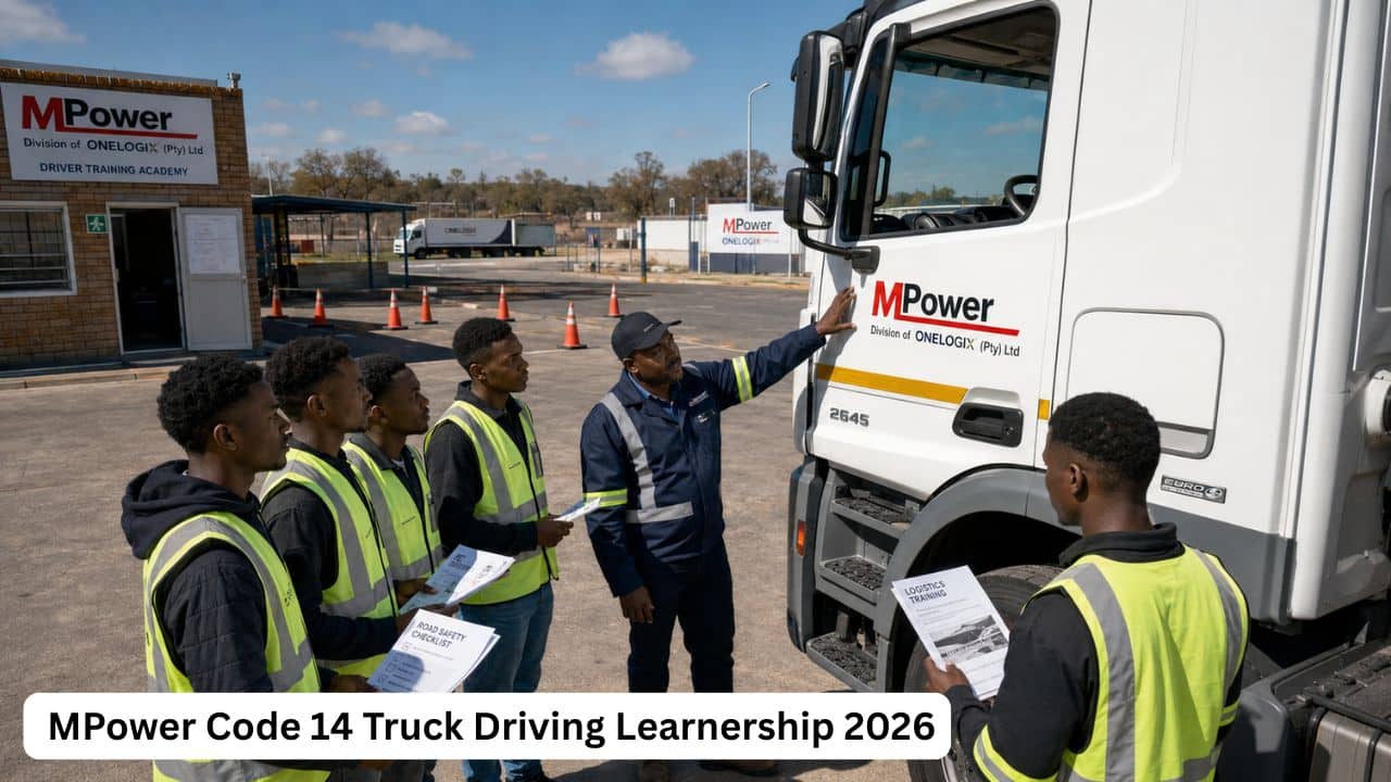 Young South African Code 14 truck-driving learners completing practical vehicle training with an MPower instructor