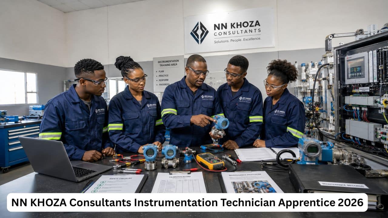 Young South African instrumentation technician apprentices receiving technical training with calibration tools and control system equipment