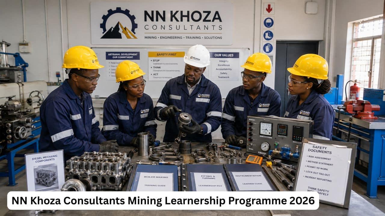 Young South African mining learnership candidates receiving artisan training in a technical workshop