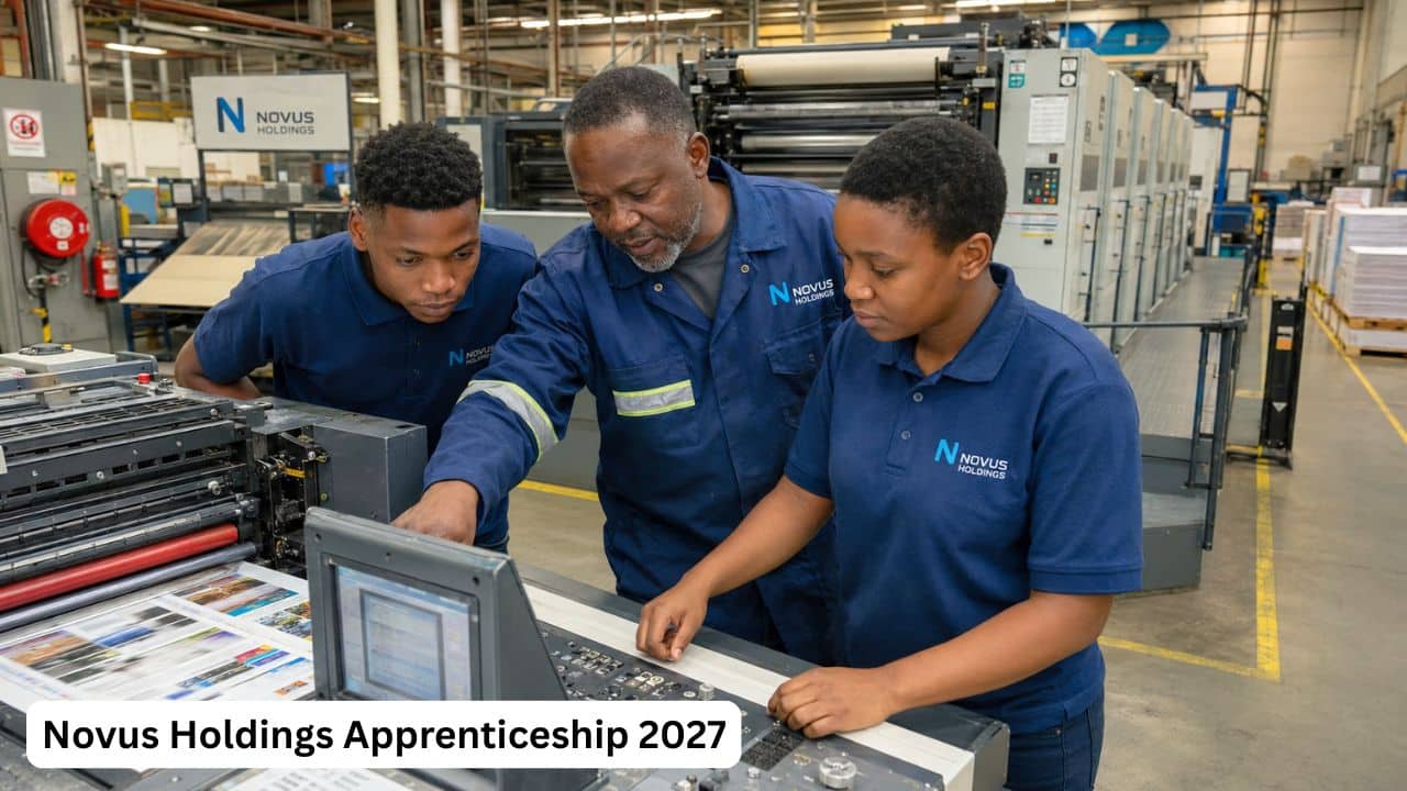 Young South African apprentices receiving practical training on commercial printing machinery at Novus Print