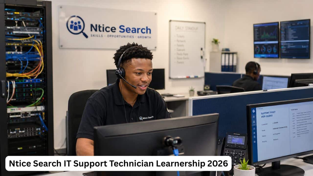 Young South African IT support learnership candidate working in a technical support office