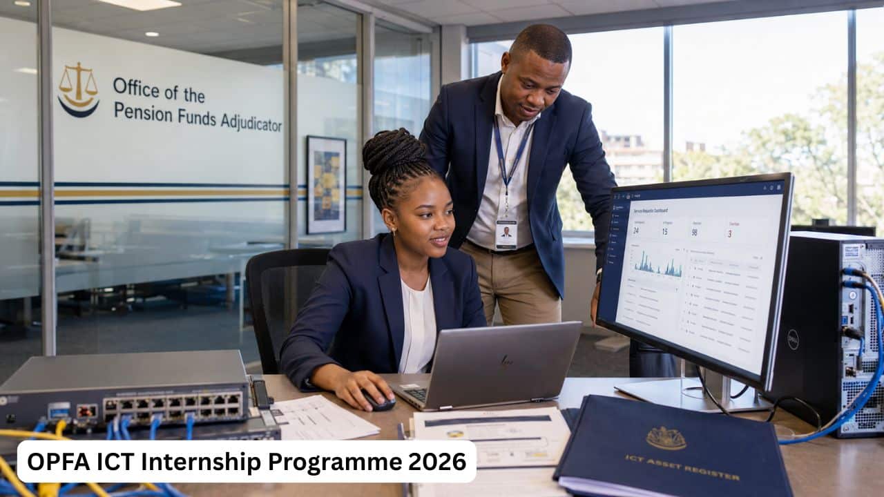 South African technology graduate troubleshooting computer systems during the OPFA ICT Internship Programme 2026