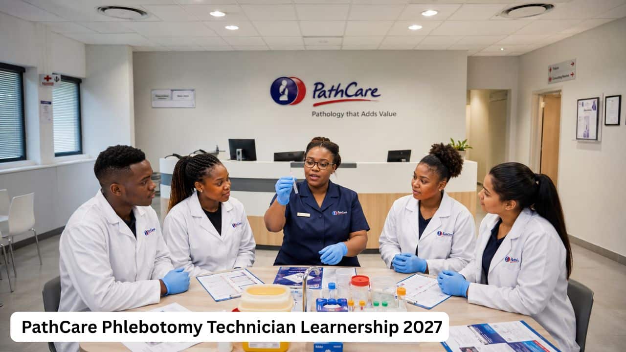 Young South African healthcare learnership candidates receiving phlebotomy training guidance at PathCare Academy.