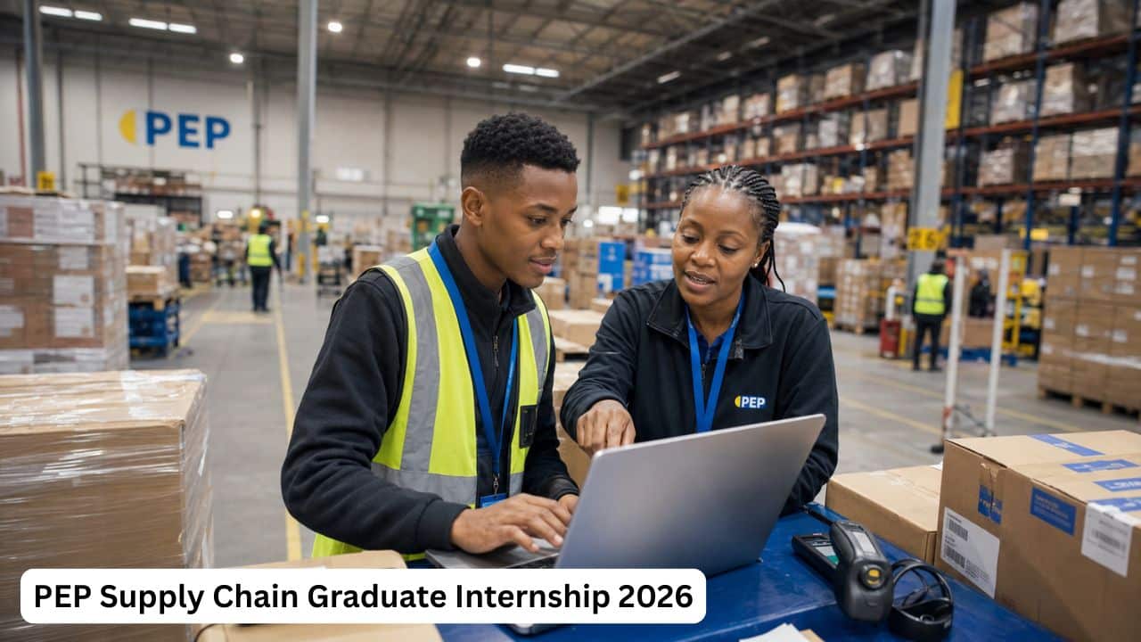 Young South African PEP supply chain graduate reviewing logistics operations inside a distribution centre
