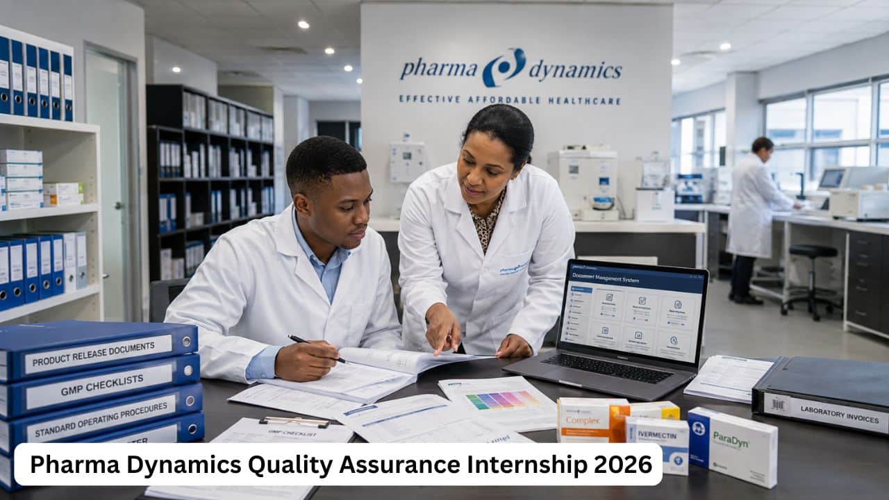 South African Quality Assurance Intern reviewing pharmaceutical documents and product release records at Pharma Dynamics.