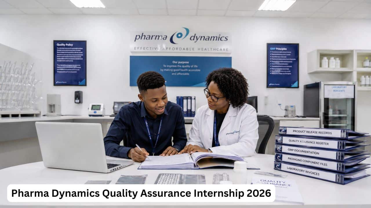 Young South African quality assurance internship candidate reviewing pharmaceutical quality documents at Pharma Dynamics.