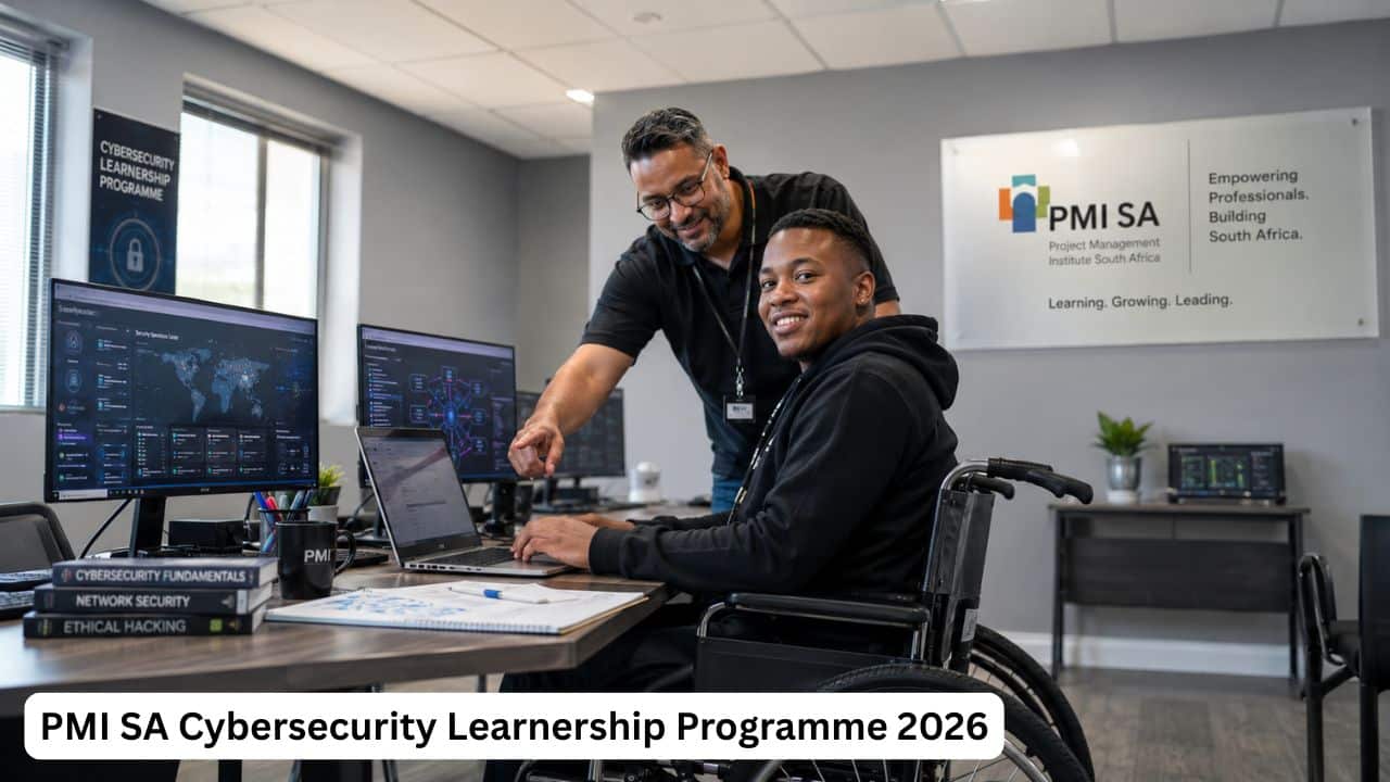 Young South African cybersecurity learnership candidate receiving information technology training in a professional technology workspace.