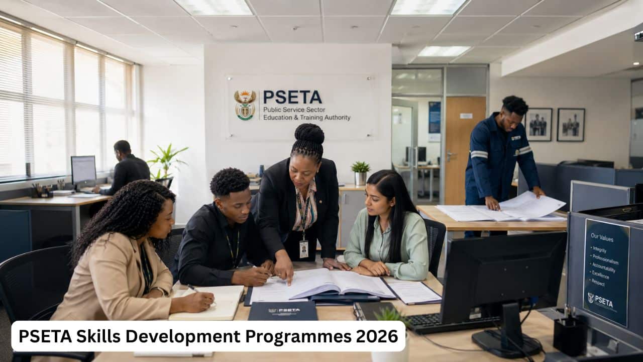 Young South African graduates and TVET learners receiving PSETA public service workplace training in 2026.