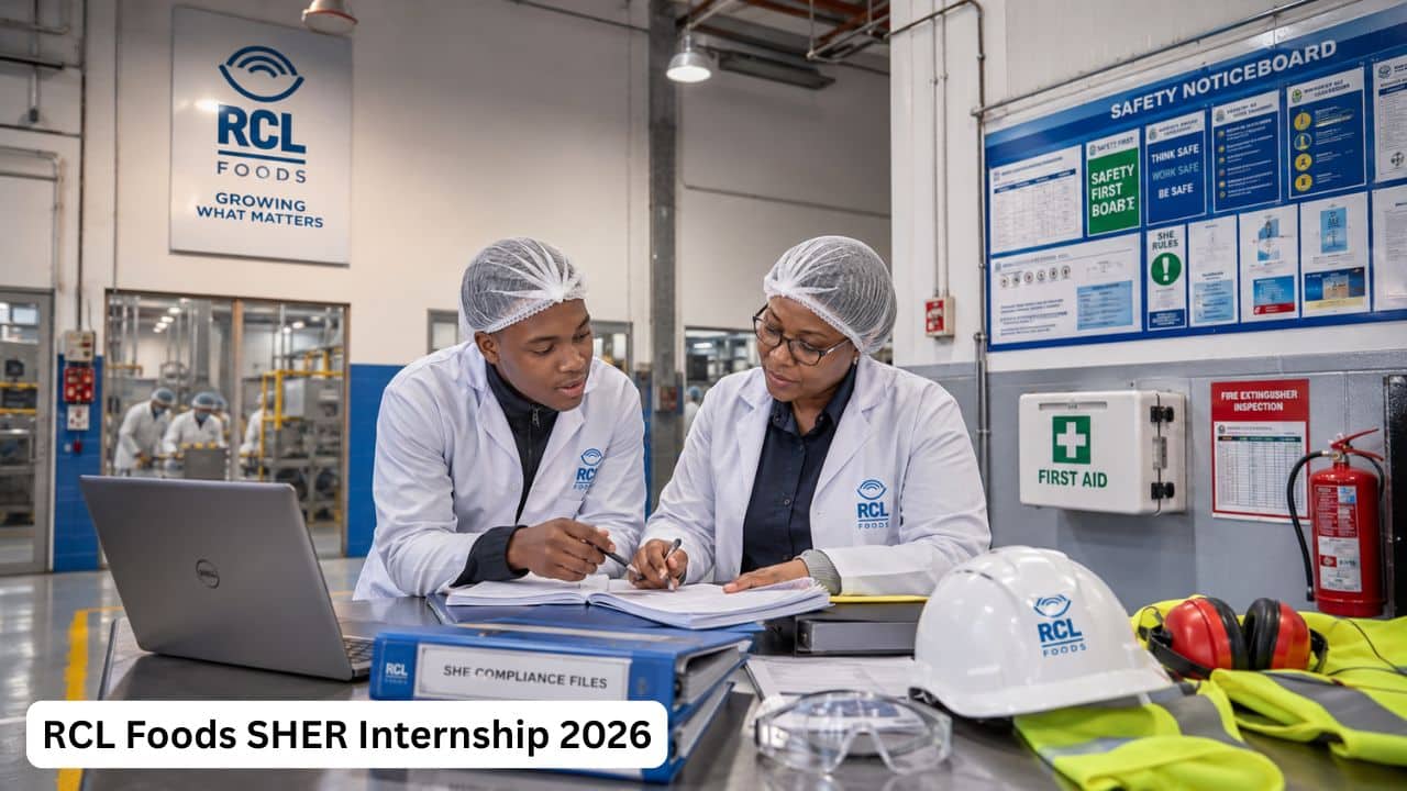 Young South African safety intern reviewing workplace risk and compliance documents during the RCL Foods SHER Internship 2026.