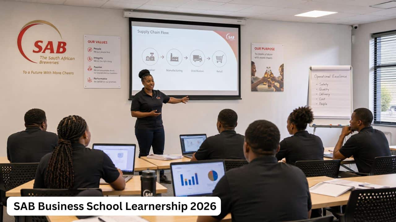 Young South African learners attending SAB Business School Learnership training in a professional classroom environment.