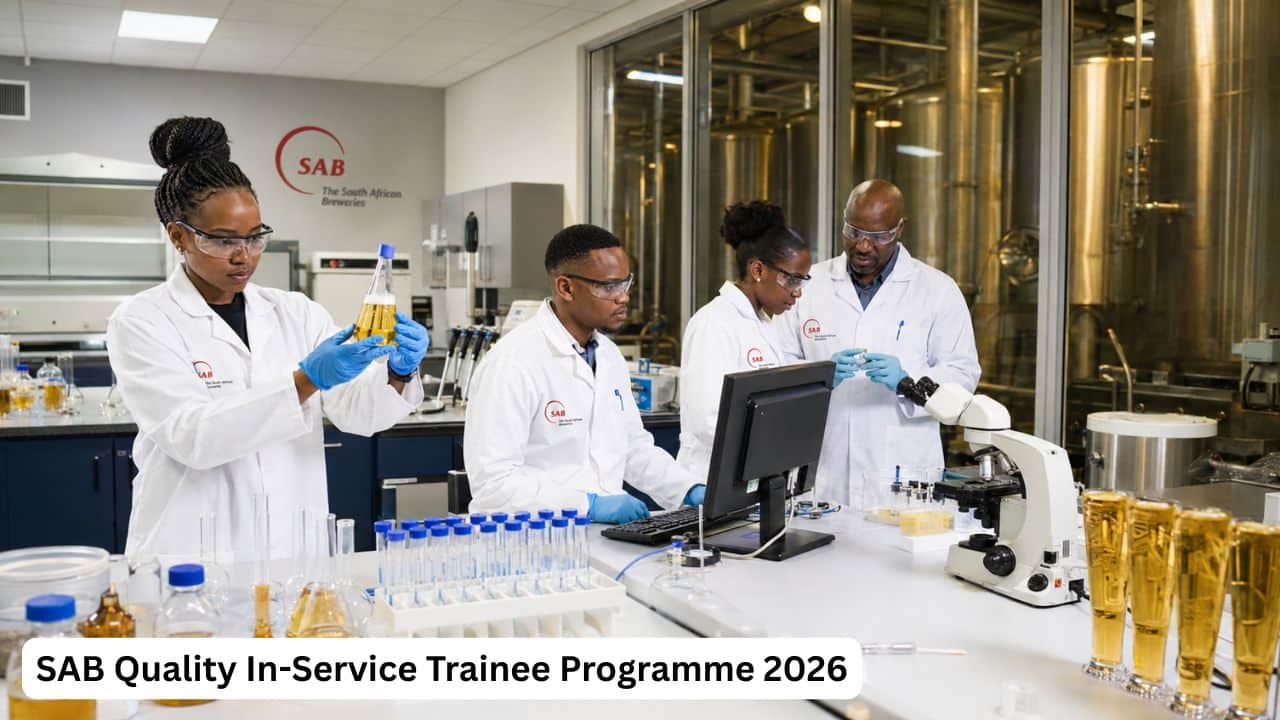 Three South African laboratory students completing quality in-service training at a South African Breweries facility