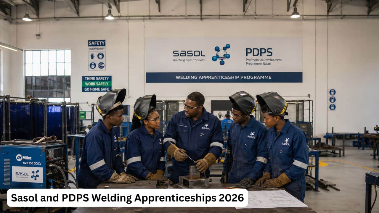 Young South African welding apprenticeship candidates receiving practical artisan training in an engineering workshop.