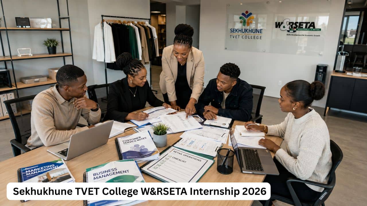 Young South African retail interns receiving workplace guidance during the Sekhukhune TVET College W&RSETA Internship 2026