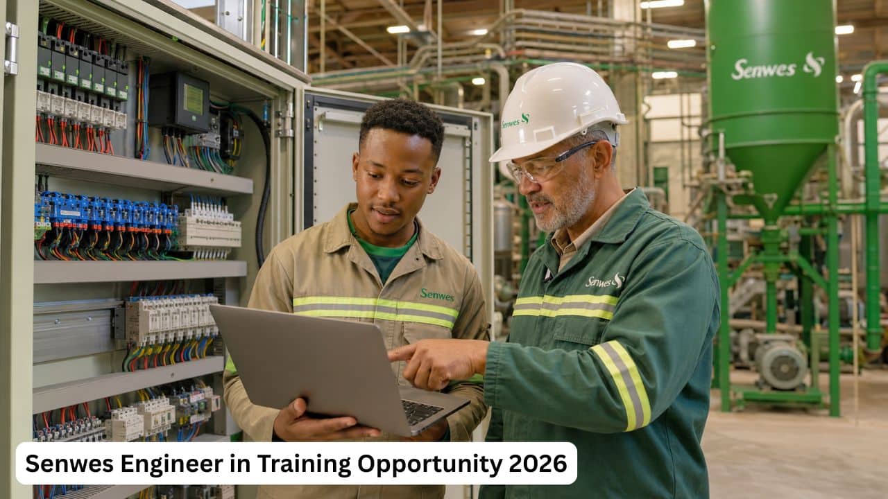 Young South African electrical engineering graduate receiving practical project guidance at a Senwes engineering facility in 2026